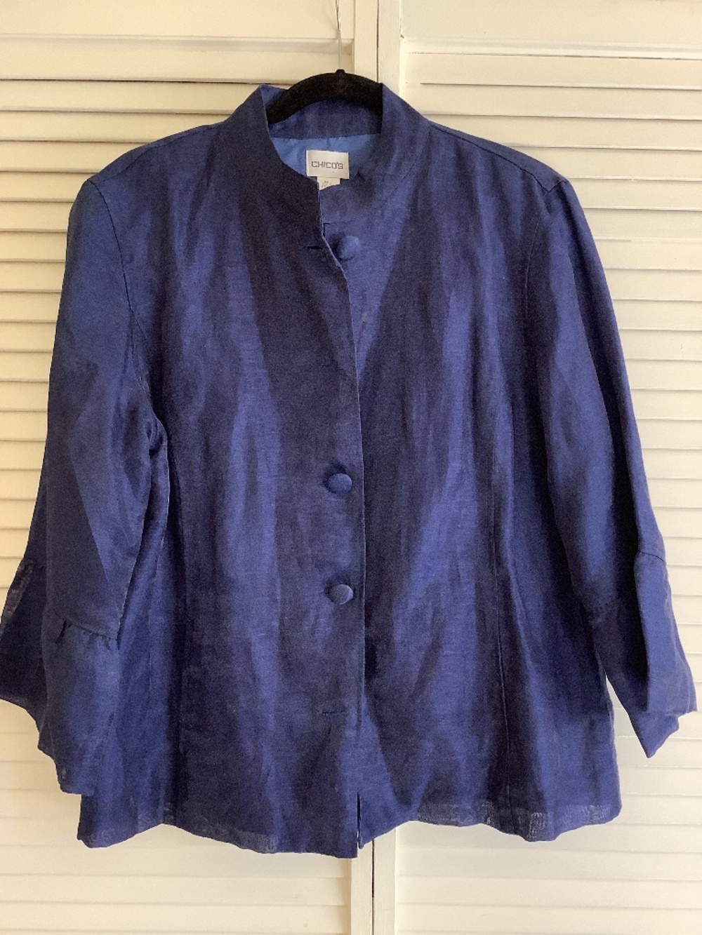 Chicos Lined Linen Jacket Dark Blue with a Sheen and Voile feel size 2